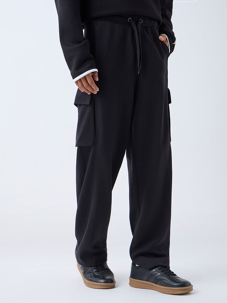 Studiofit Black Relaxed-Fit Mid-Rise Cotton-Blend Track Pants