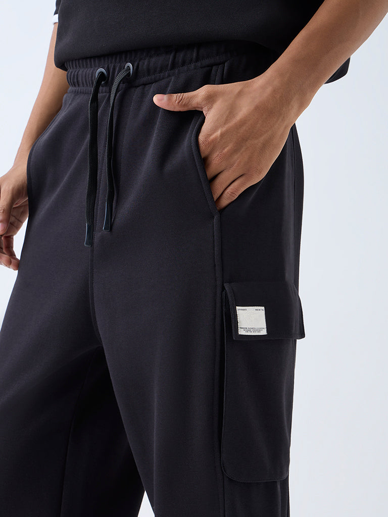 Studiofit Black Relaxed-Fit Mid-Rise Cotton-Blend Track Pants