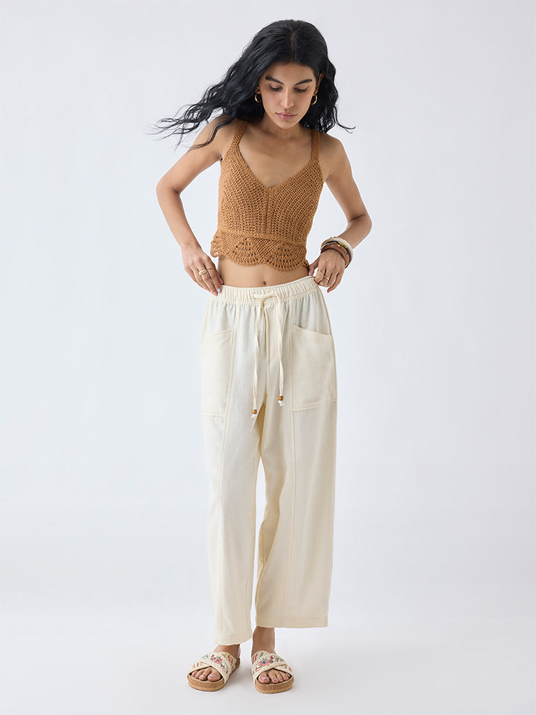 Bombay Paisley Cream Solid Cotton-Blend Pants
