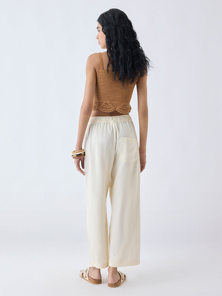 Bombay Paisley Cream Solid Cotton-Blend Pants