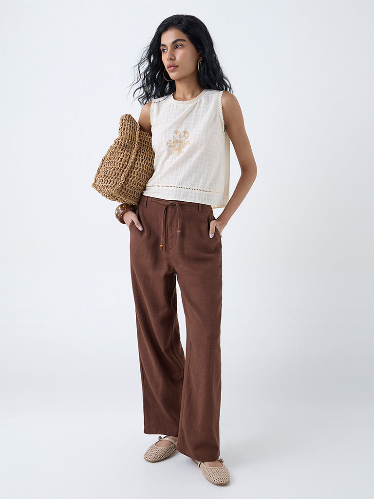 Bombay Paisley Brown Solid Cotton-Blend Pants