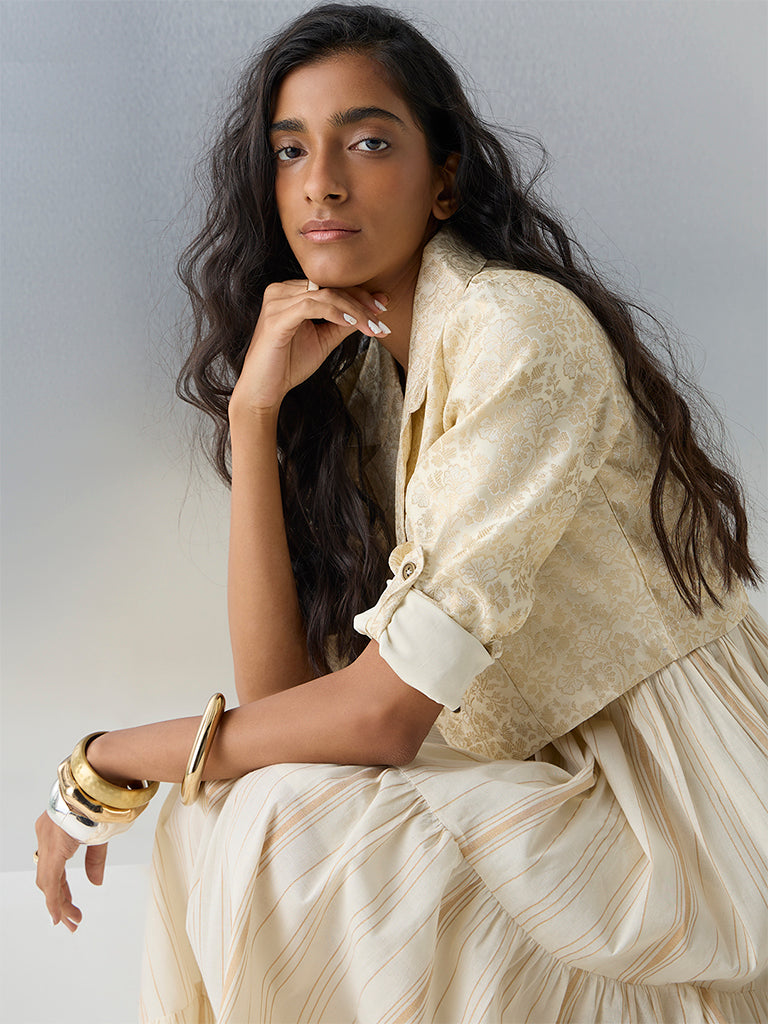 Bombay Paisley Off-White Striped Cotton Tiered Dress with Jacket