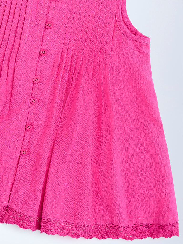 Utsa Kids Pink Pintuck Detailed Cotton-Blend Dress - (2-8yrs)