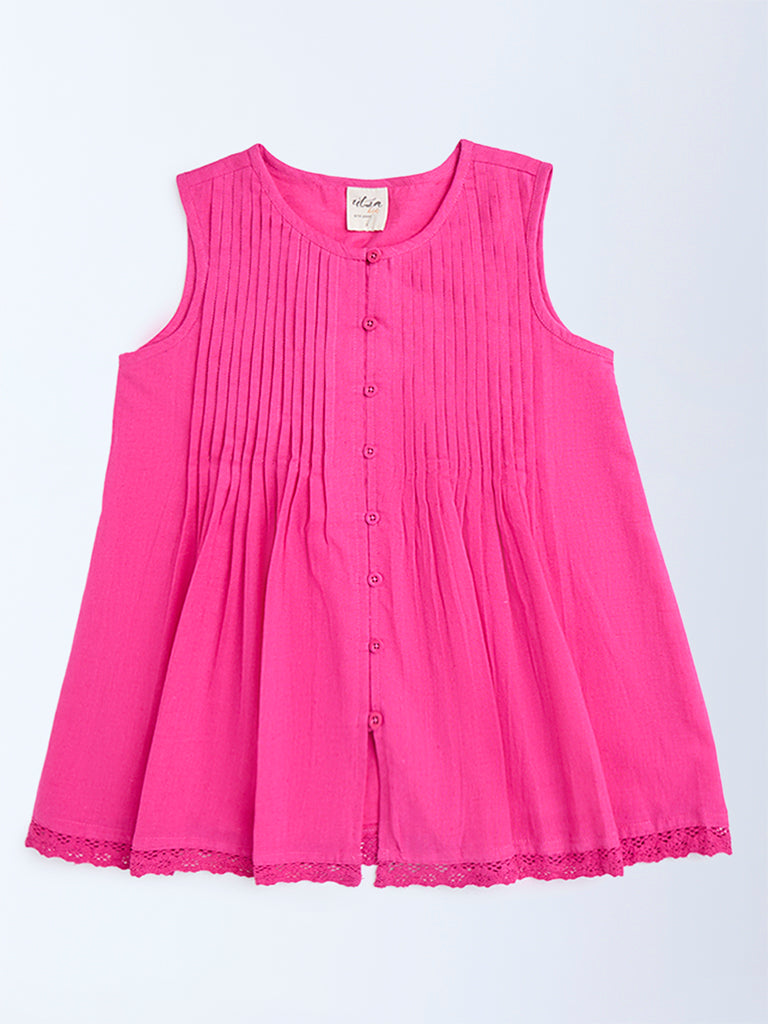 Utsa Kids Pink Pintuck Detailed Cotton-Blend Dress - (8-14yrs)