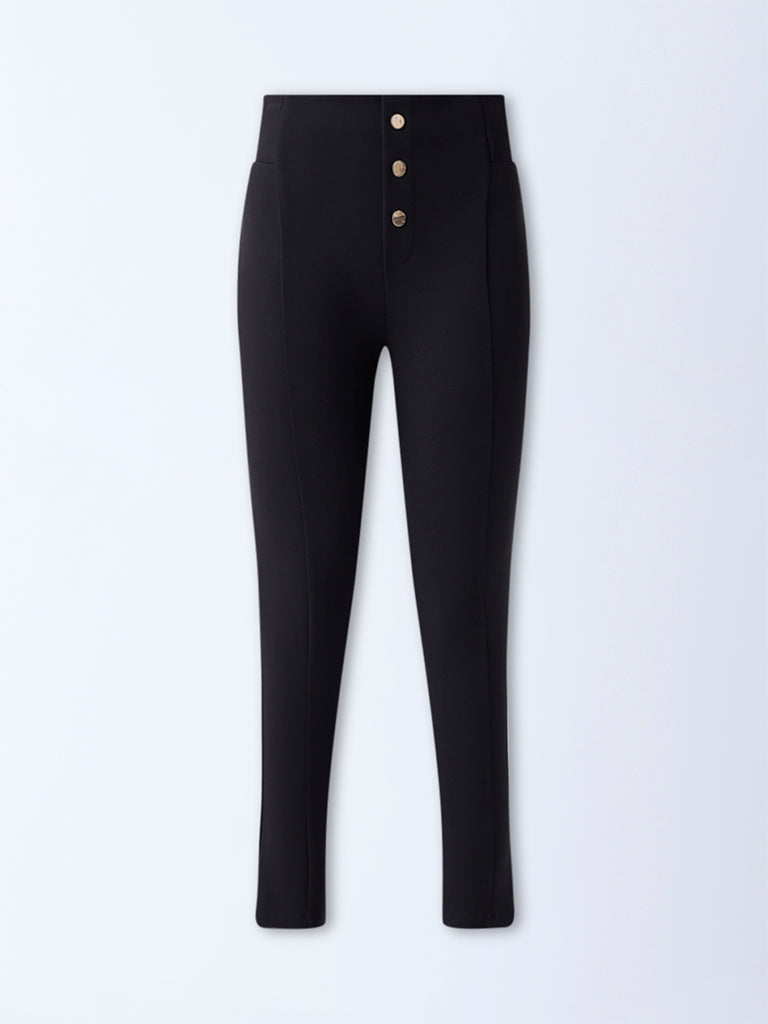 Wardrobe Black Solid Button-Detailed High-Rise Trousers