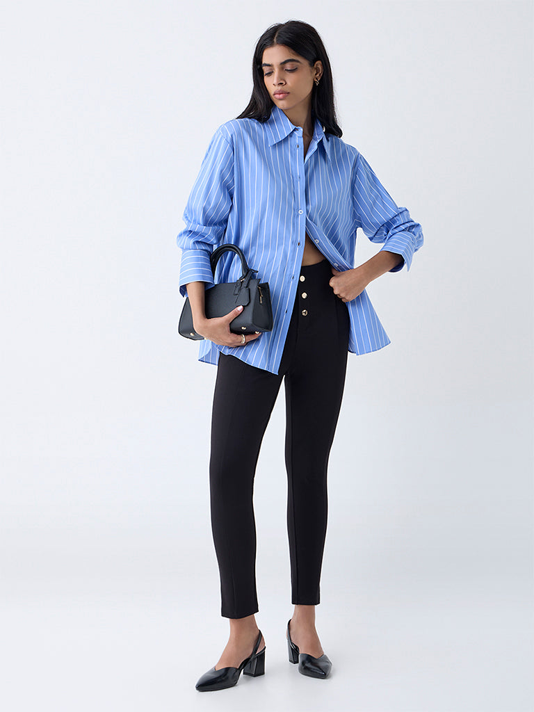 Wardrobe Black Solid Button-Detailed High-Rise Trousers