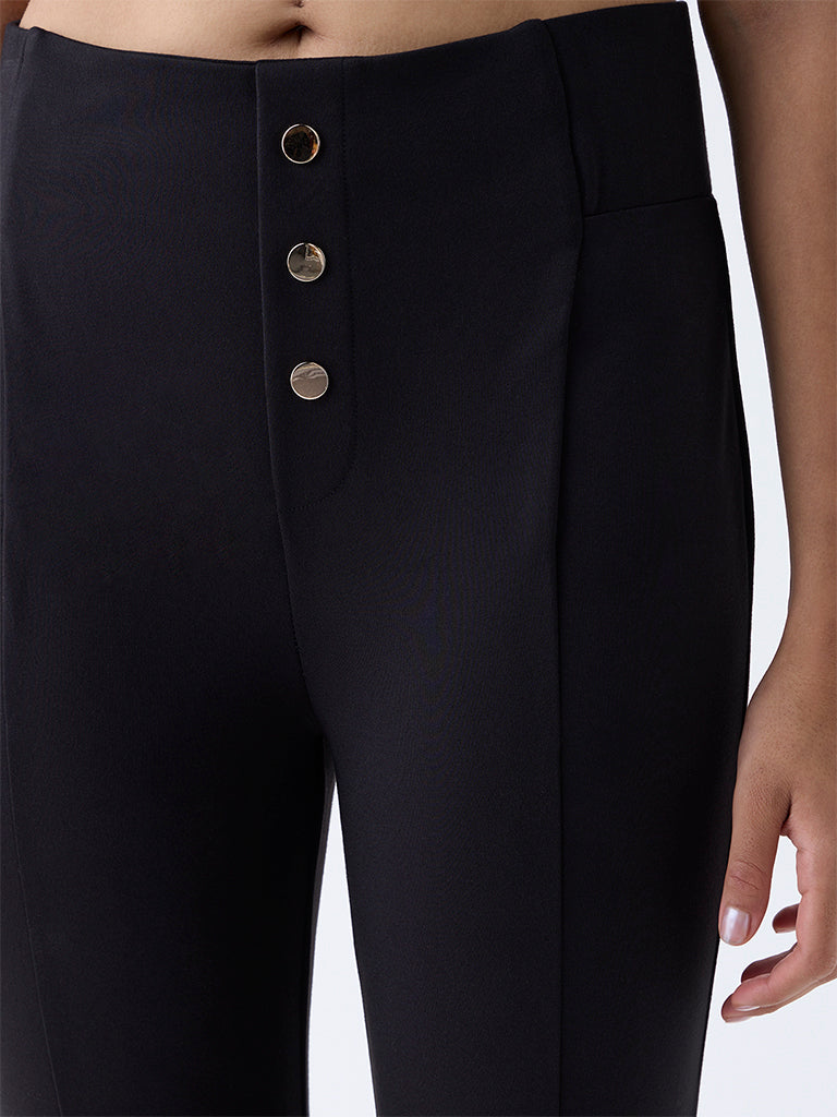 Wardrobe Black Solid Button-Detailed High-Rise Trousers
