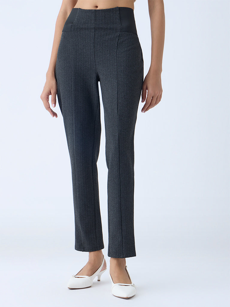 Wardrobe Dark Grey Pinstriped High-Rise Pants