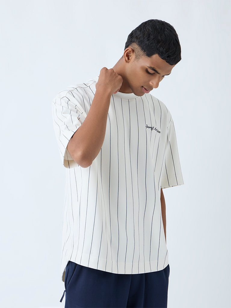 Westside Studiofit Men's White Striped Relaxed-Fit Cotton-Blend T-Shirt for Sports Wear Front view