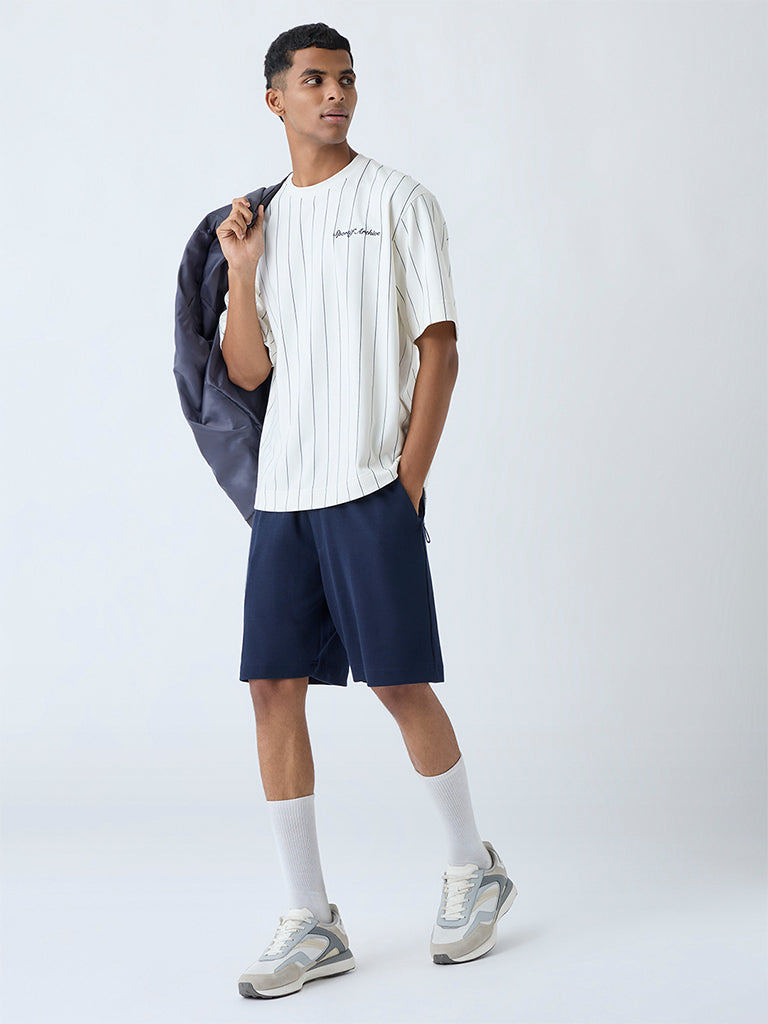 Westside Studiofit Men's White Striped Relaxed-Fit Cotton-Blend T-Shirt for Sports Wear Full View