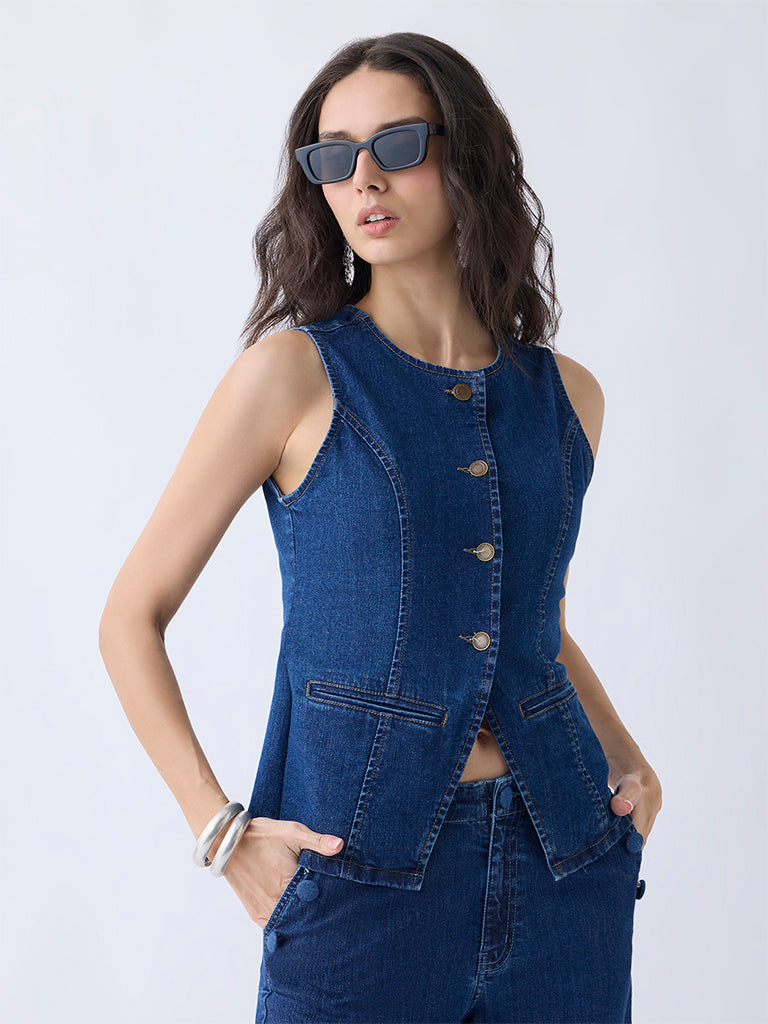 Westside LOV Women's Dark Blue Denim Vest Top for Casual Wear Front view