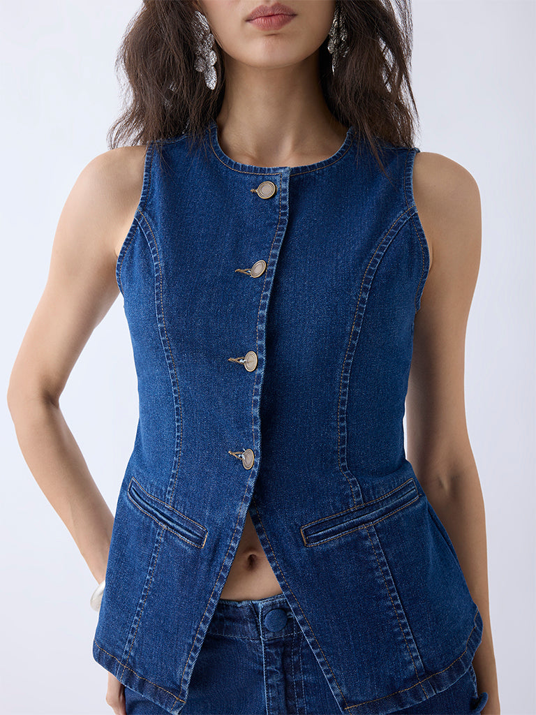 Westside LOV Women's Dark Blue Denim Vest Top for Casual Wear Zoomed View