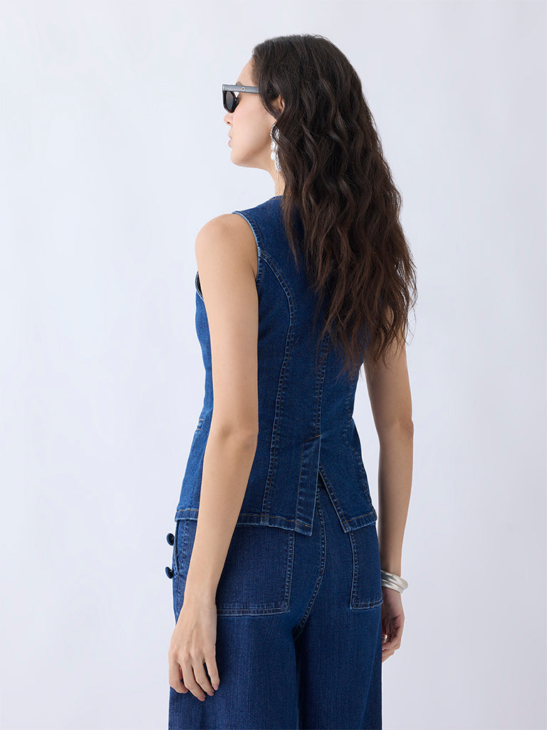 Westside LOV Women's Dark Blue Denim Vest Top for Casual Wear Back View
