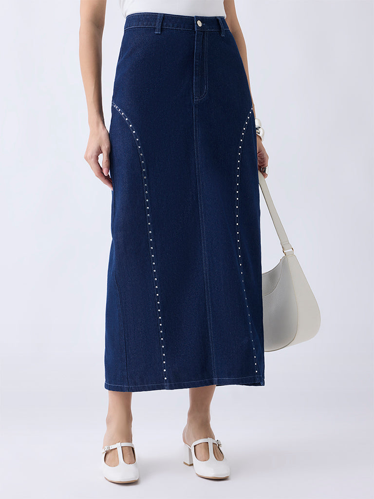 LOV Dark Blue Stud Detailed High-Rise Denim Skirt