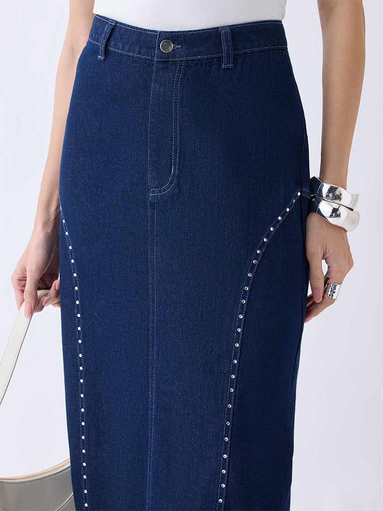 LOV Dark Blue Stud Detailed High-Rise Denim Skirt