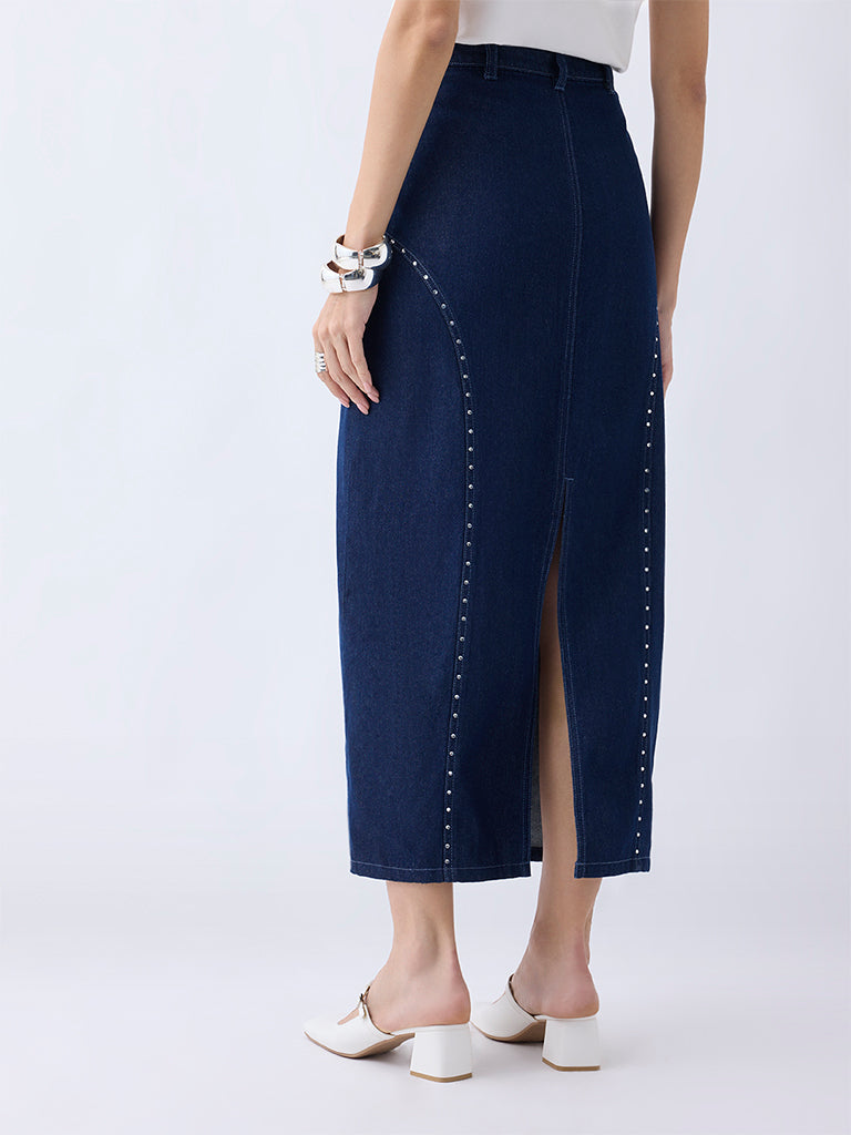 LOV Dark Blue Stud Detailed High-Rise Denim Skirt