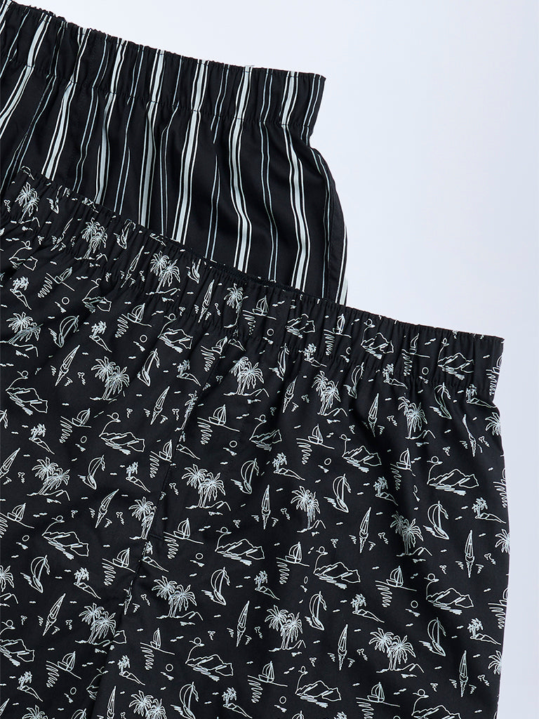 WES Lounge Black Relaxed-Fit Cotton Boxers - Pack of 2