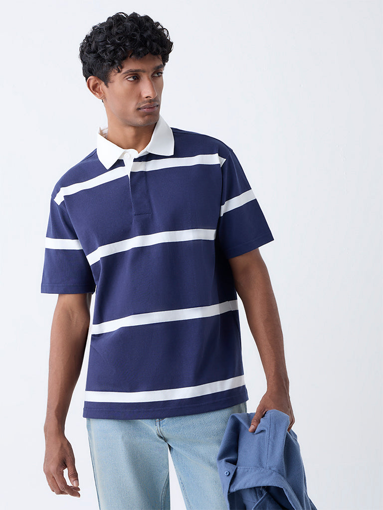 WES Casuals Navy Relaxed Fit Cotton-Blend Polo T-Shirt
