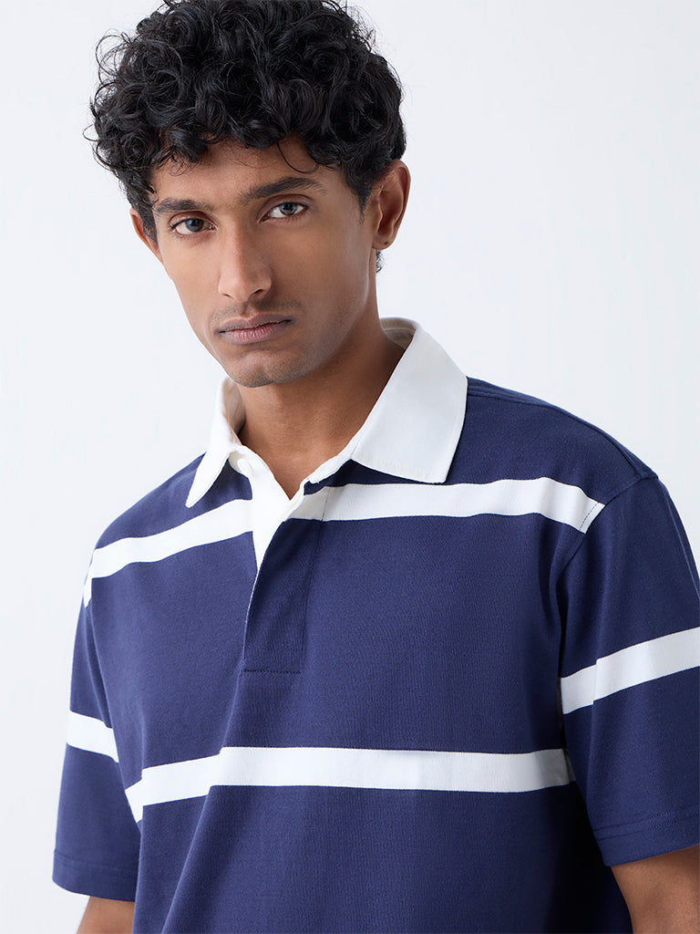 WES Casuals Navy Relaxed Fit Cotton-Blend Polo T-Shirt