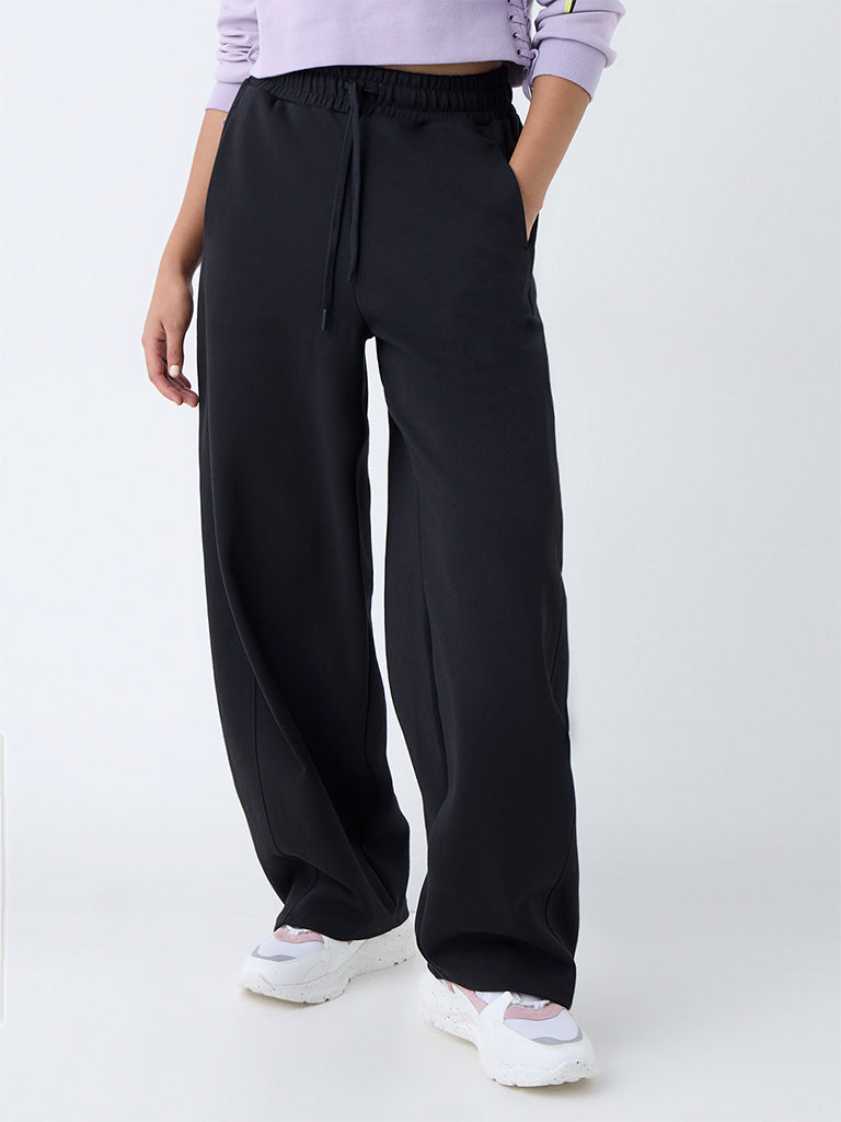 Studiofit Black Solid High-Rise Cotton-Blend Track Pants