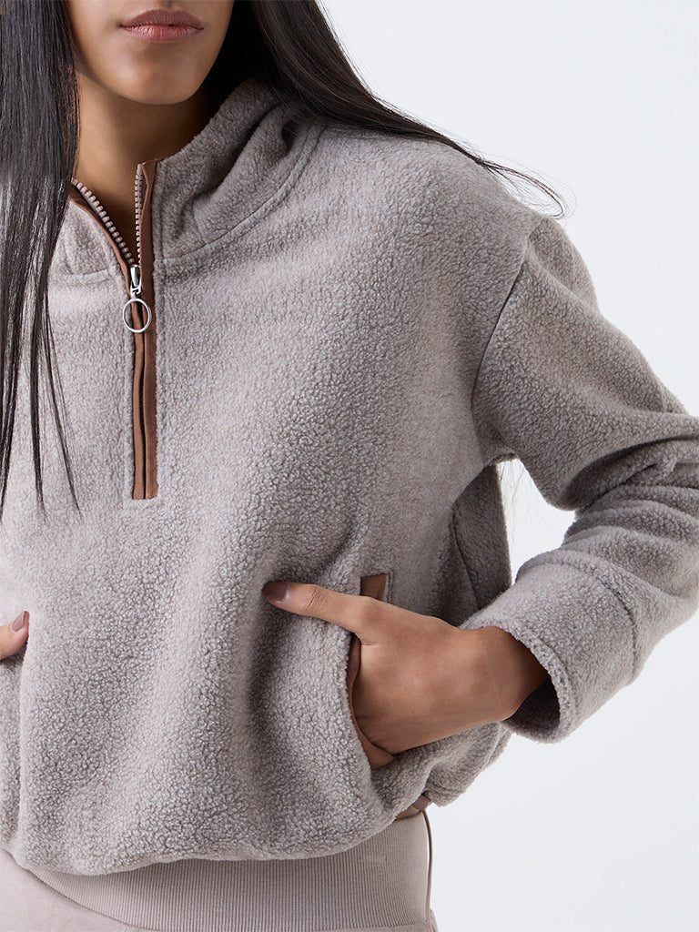 Studiofit Taupe Fleece Quarter-Zip Hoodie