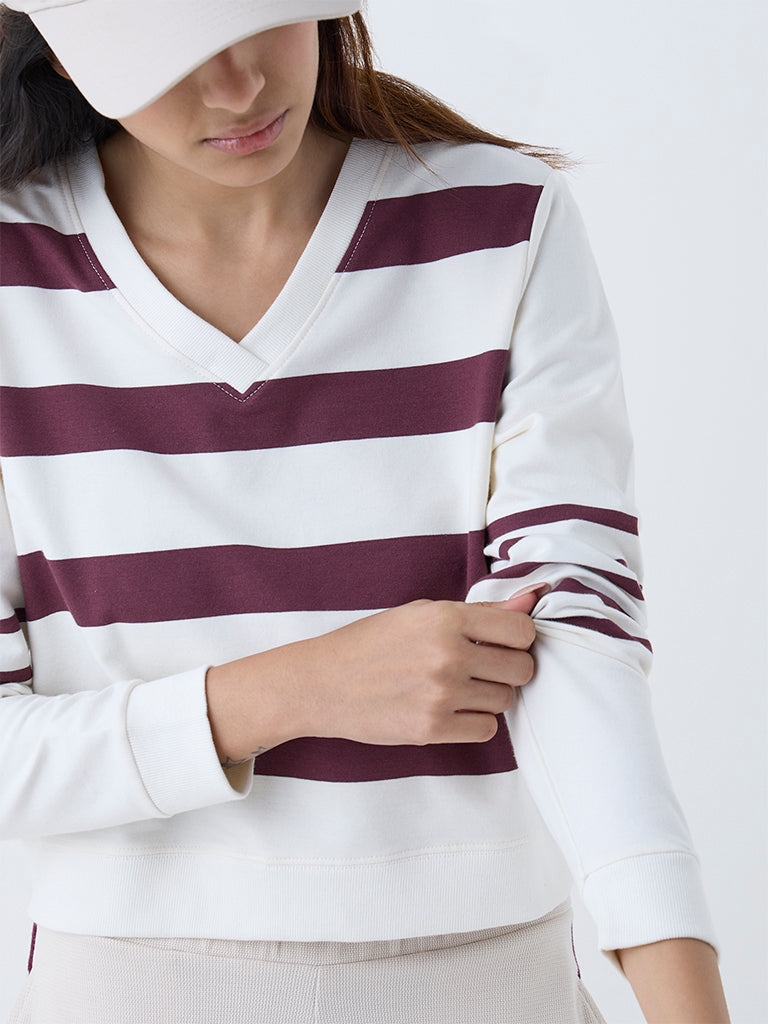 Westside Studiofit Women's Cream Striped Cotton-Blend T-Shirt for Sports Wear Zoomed View