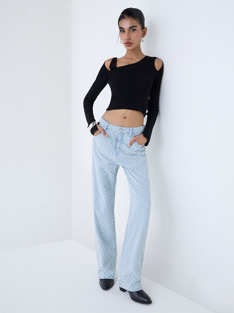 Nuon Black Ribbed-Textured Top