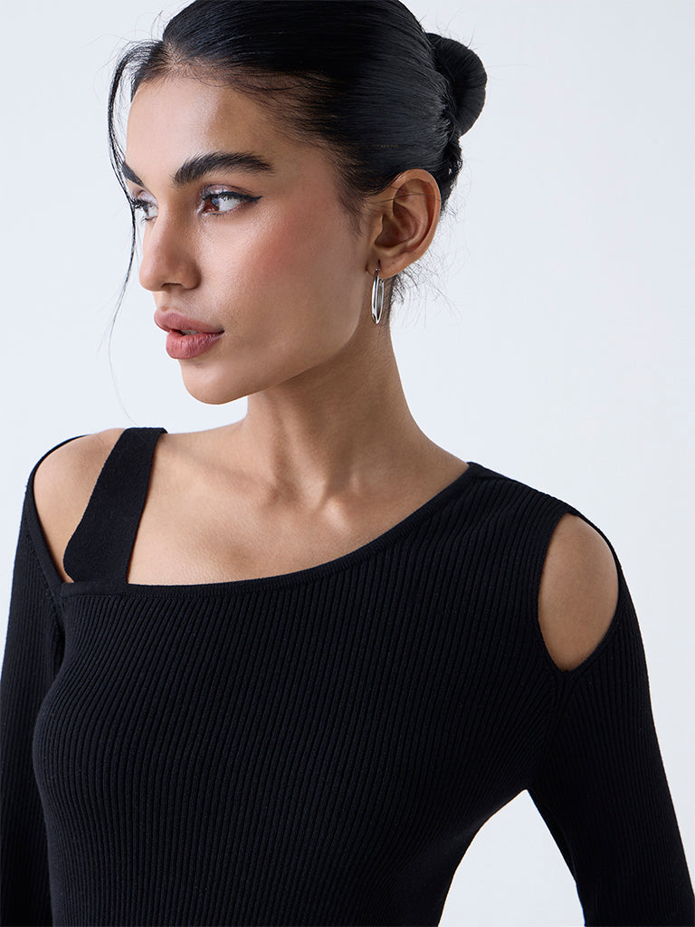 Nuon Black Ribbed-Textured Top