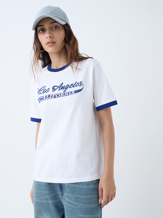 Westside Nuon Women's White Typographic Cotton T-Shirt for Casual Wear Front view