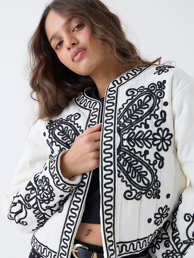 LOV Cream Embroidered Cotton Quilted Jacket