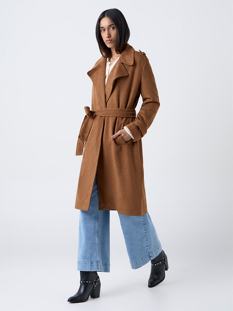 LOV Tan Suede Long Coat with Belt