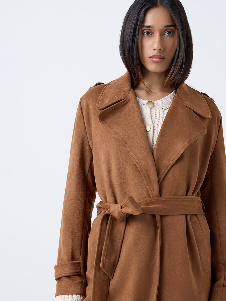 LOV Tan Suede Long Coat with Belt