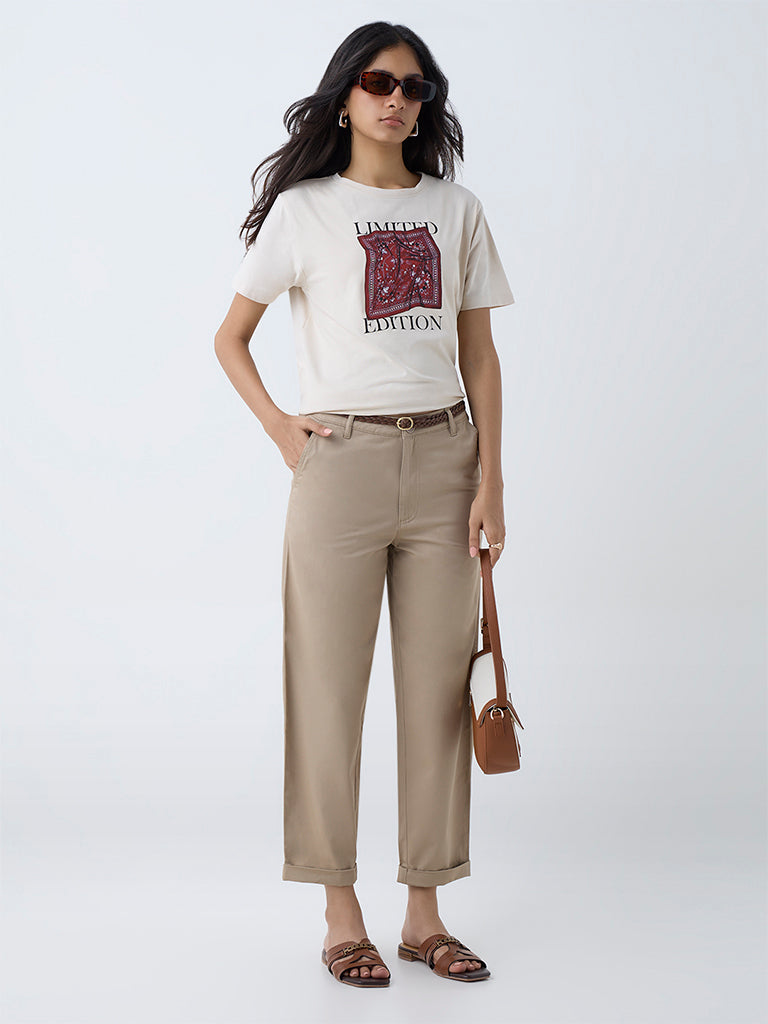 Westside LOV Women's Beige Mid-Rise Cotton-Blend Trousers with Belt for Casual Wear Full View