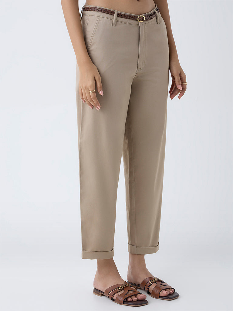 Westside LOV Women's Beige Mid-Rise Cotton-Blend Trousers with Belt for Casual Wear Front view