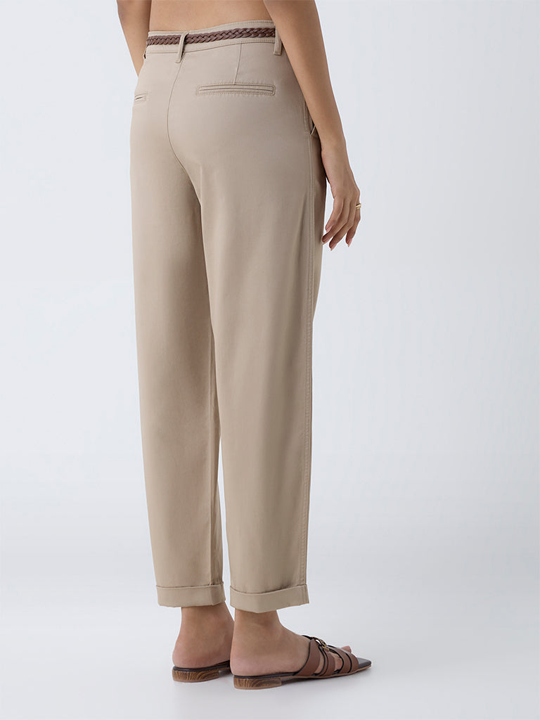 Westside LOV Women's Beige Mid-Rise Cotton-Blend Trousers with Belt for Casual Wear Back View