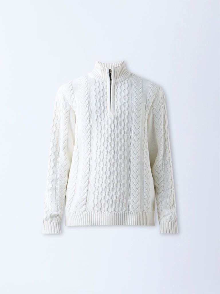Buy Ascot Off-White Relaxed Fit Three-Quarter Zip Sweater from