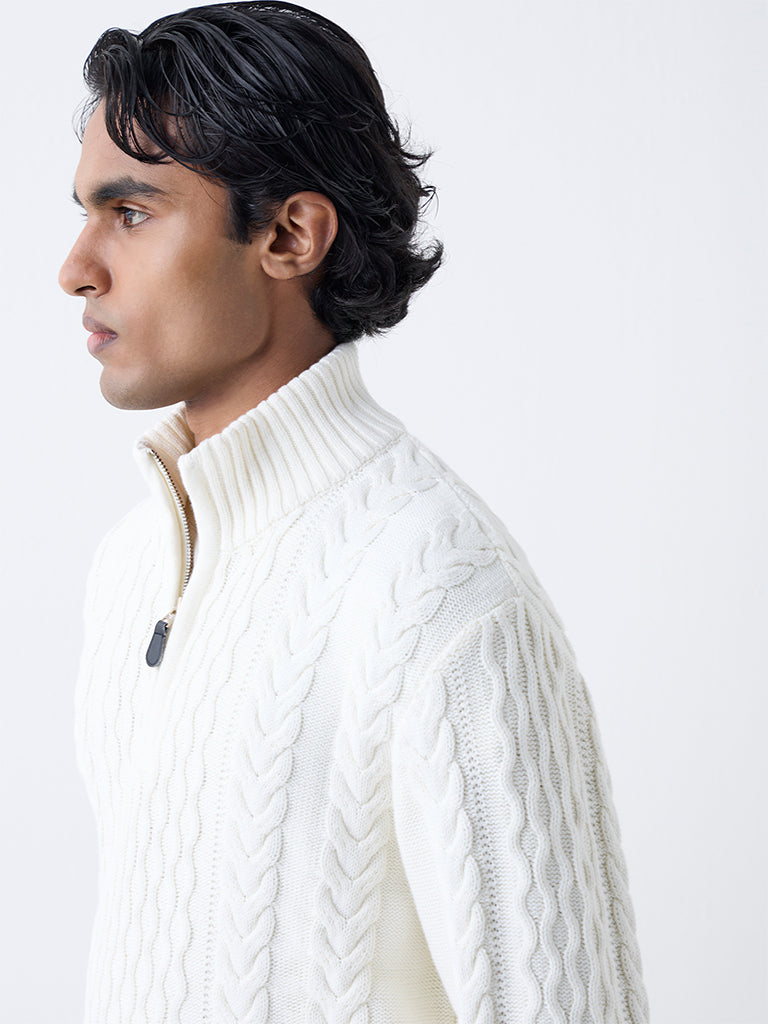 Buy Ascot Off-White Relaxed Fit Three-Quarter Zip Sweater from