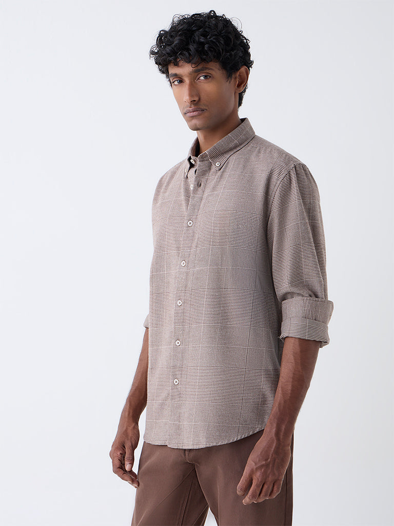 Ascot Tan Checkered Relaxed-Fit Cotton-Blend Shirt