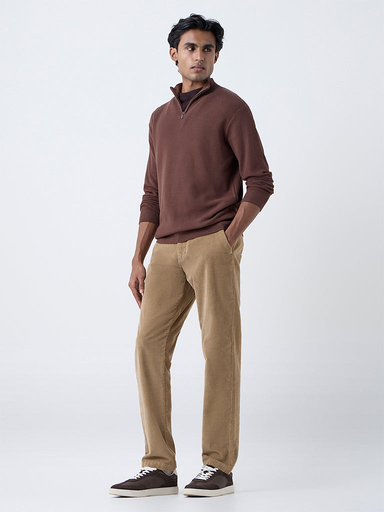 WES Formals Brown Knit-Textured Slim-Fit Quarter-Zip Sweater