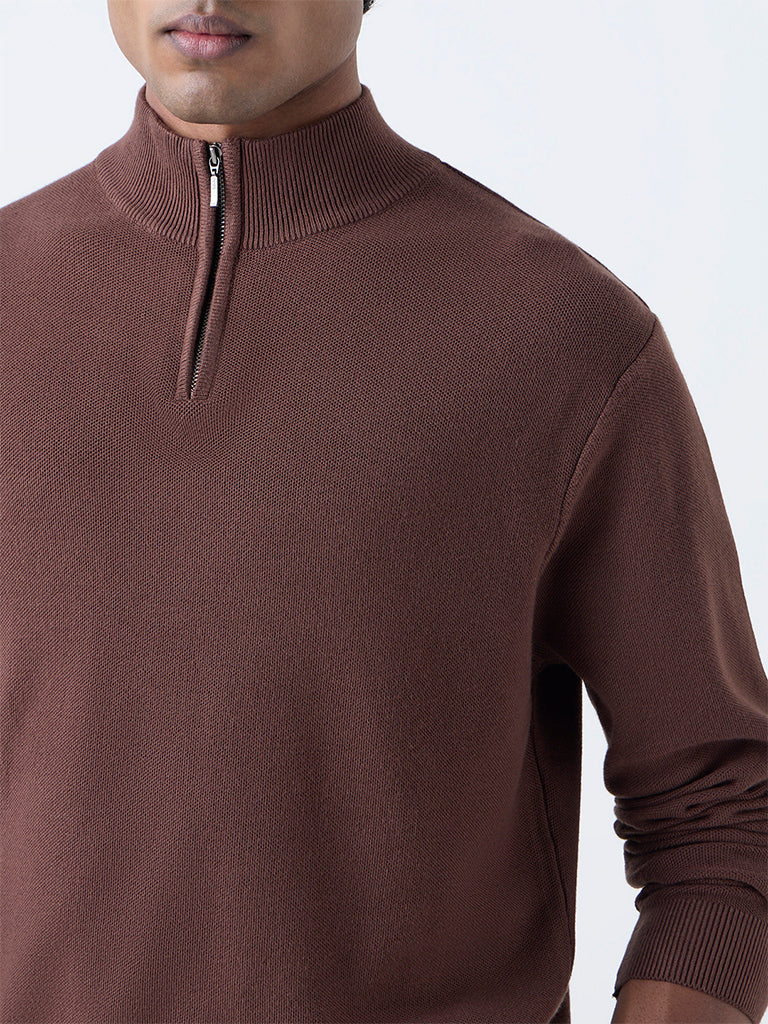 WES Formals Brown Knit-Textured Slim-Fit Quarter-Zip Sweater