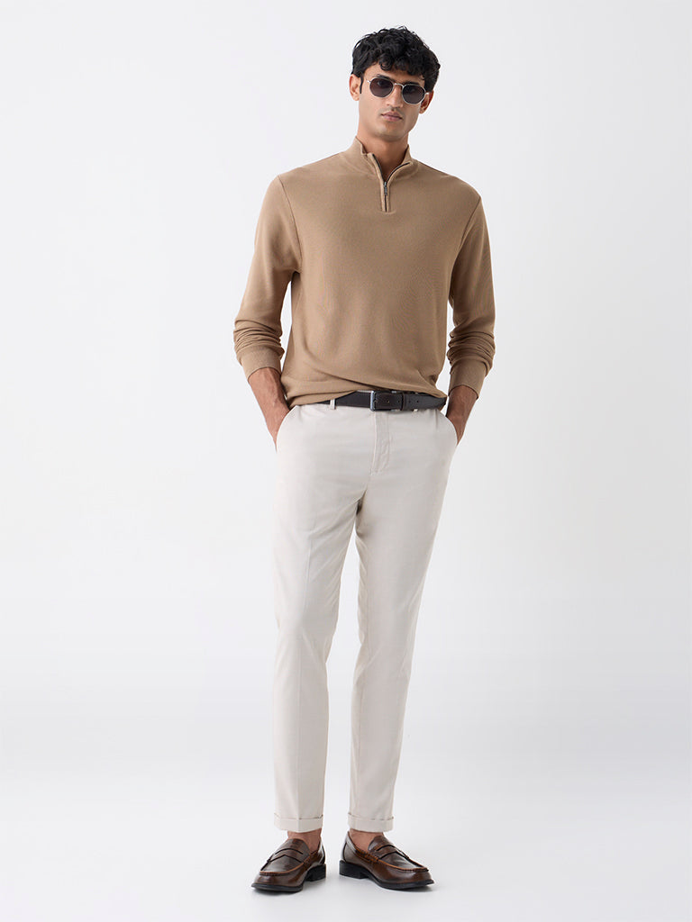 WES Formals Light Brown Knitted Slim-Fit Quarter-Zip Sweater