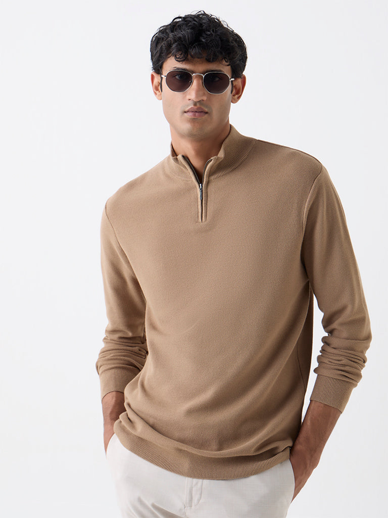 WES Formals Light Brown Knitted Slim-Fit Quarter-Zip Sweater