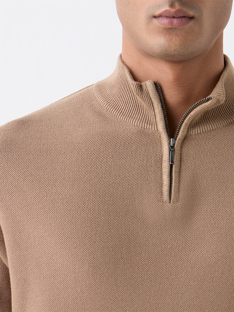 WES Formals Light Brown Knitted Slim-Fit Quarter-Zip Sweater