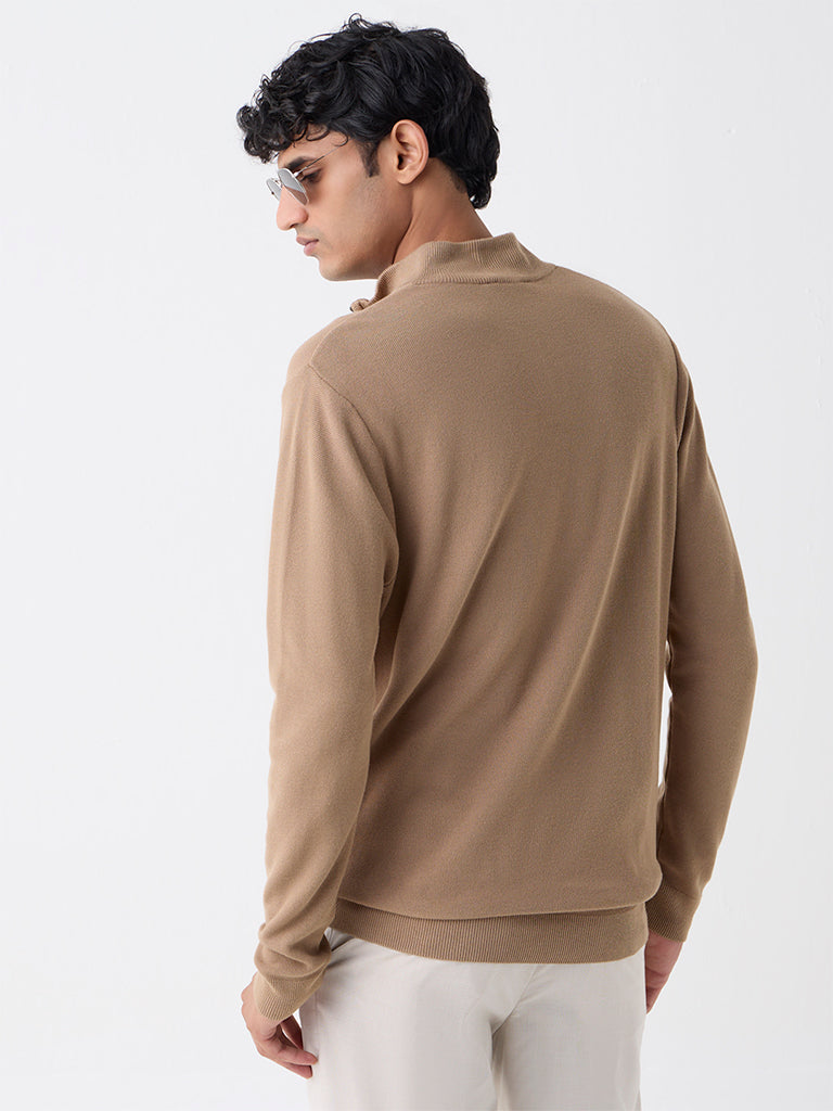 WES Formals Light Brown Knitted Slim-Fit Quarter-Zip Sweater