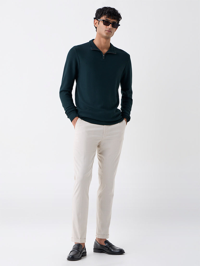 WES Formals Green Knitted Slim-Fit Quarter-Zip Sweater