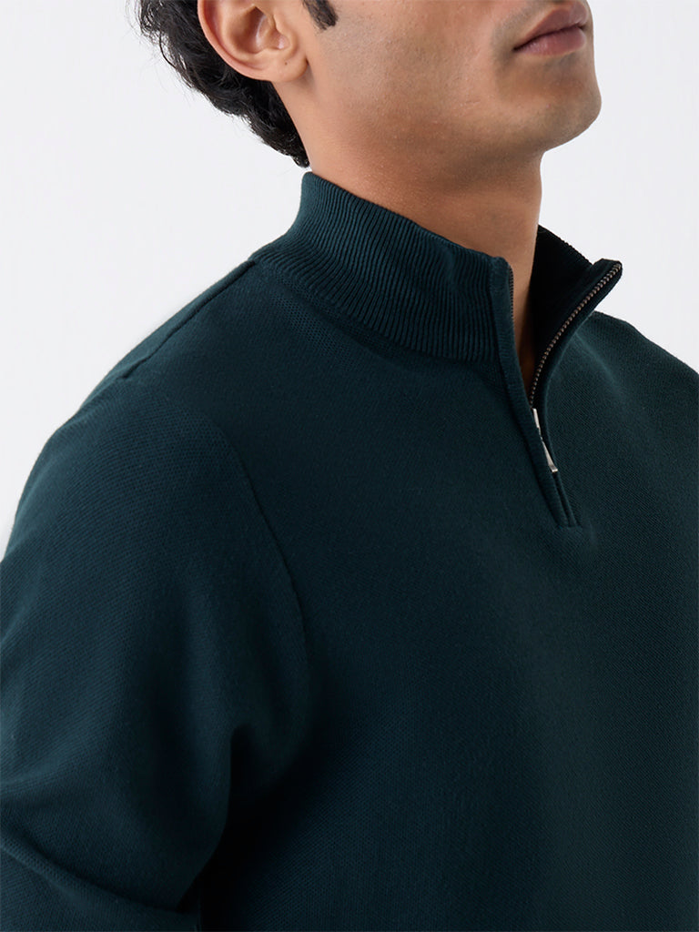 WES Formals Green Knitted Slim-Fit Quarter-Zip Sweater