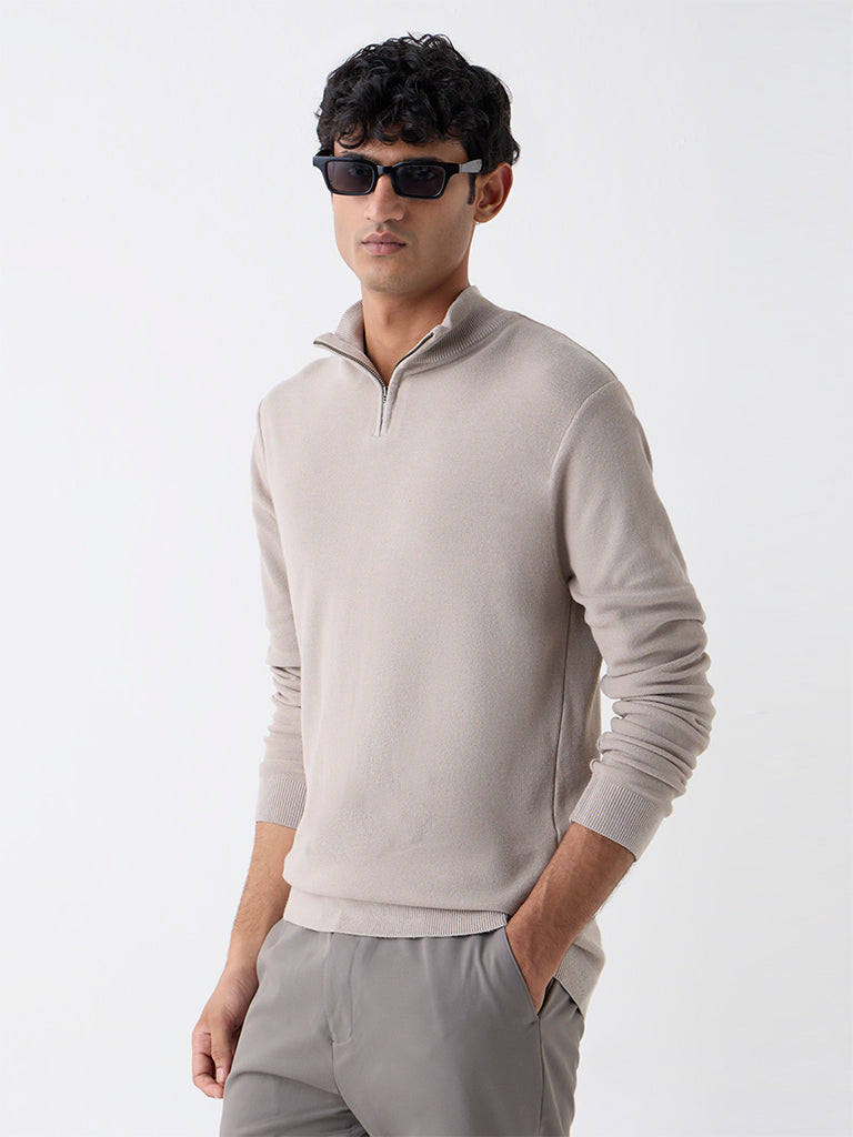 WES Formals Taupe Knitted Slim-Fit Quarter-Zip Sweater