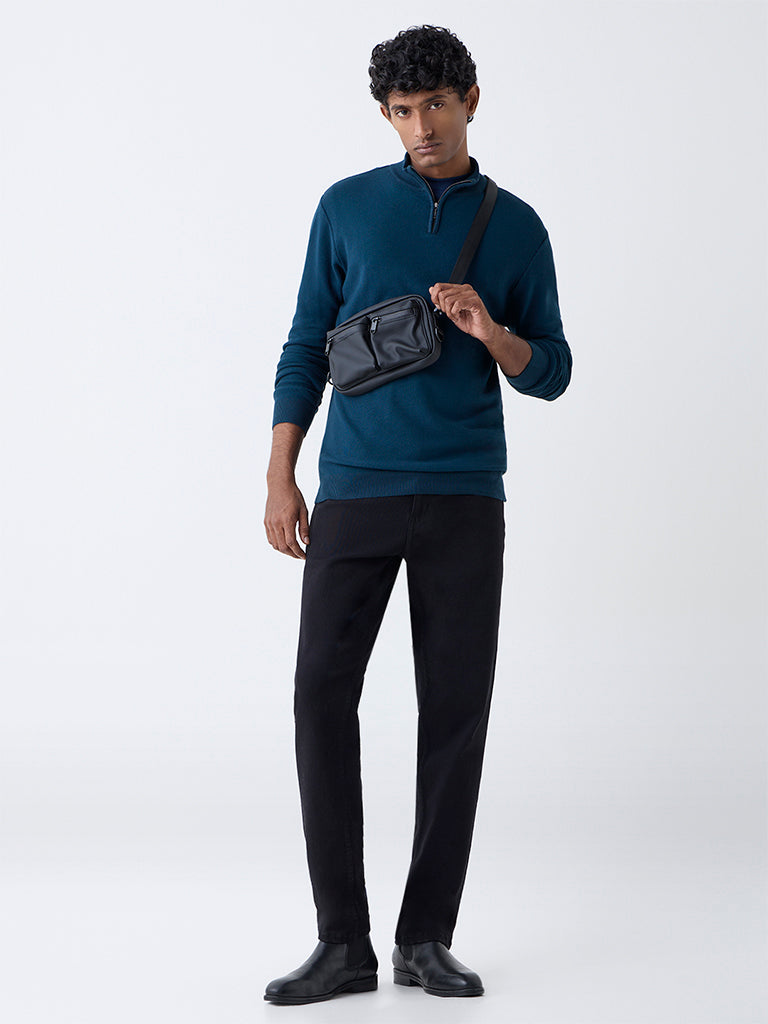 WES Formals Teal Knit-Textured Slim-Fit Quarter Zip Sweater
