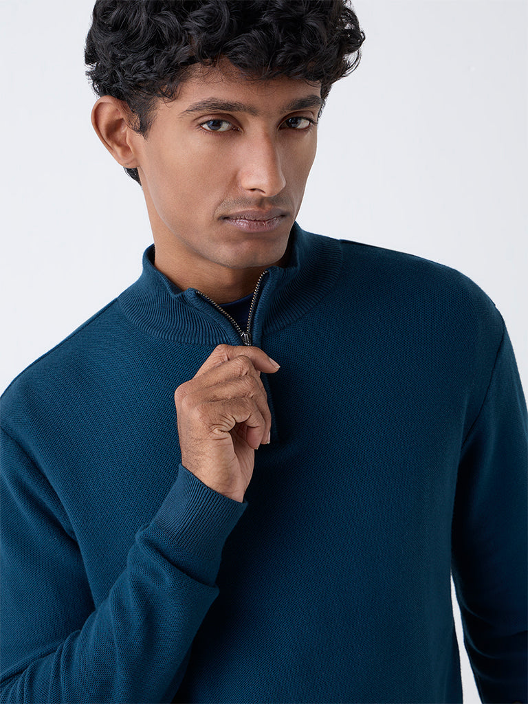 WES Formals Teal Knit-Textured Slim-Fit Quarter Zip Sweater