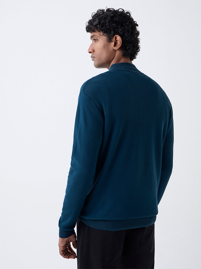 WES Formals Teal Knit-Textured Slim-Fit Quarter Zip Sweater